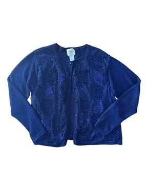 Vintage TEDDI Cute Embroidered Granny Patch Royal Blue Ramie Button Up Cardigan